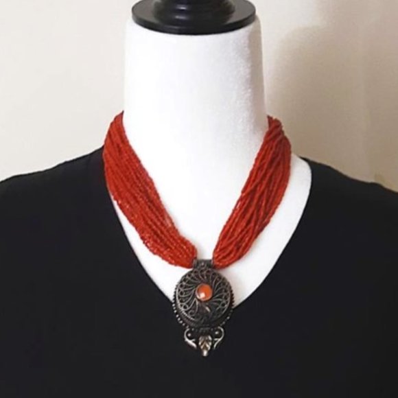 Vintage Tibetan Genuine Red Coral Necklace 20-Strand Twisted Bali Silver Locket - Picture 3 of 11